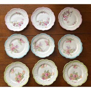 9 Antique Floral Porcelain Plates Pink Green Blue Bread/Butter Dessert Cake